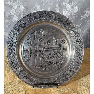 Vintage 70s Pewter Plate 1970s Holiday Winter Christmas Theme Decor Cottagecore